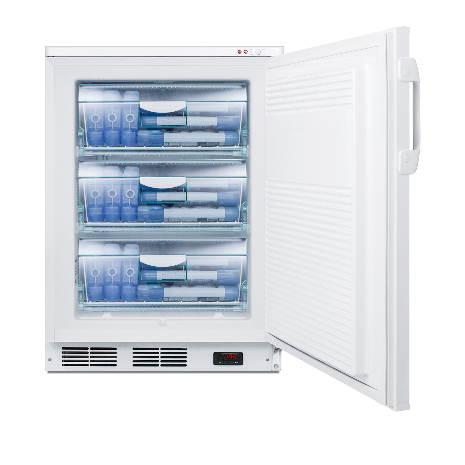 Freestanding medical general purpose all-freezer capable of -25 C operation with front-mounted lock